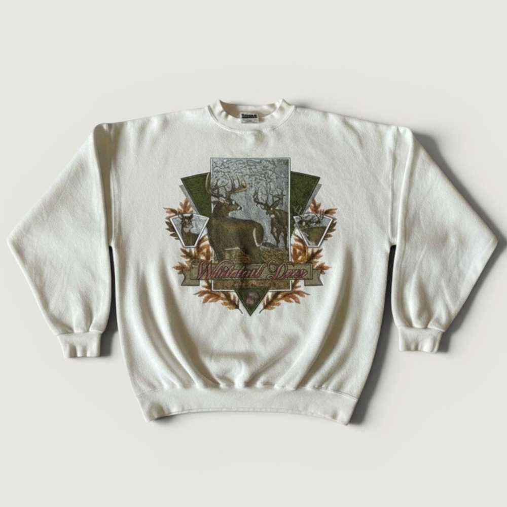 Vintage Tultex Sweatshirt Mens XL White Whitetail Deer Crewneck Graphic USA 90s